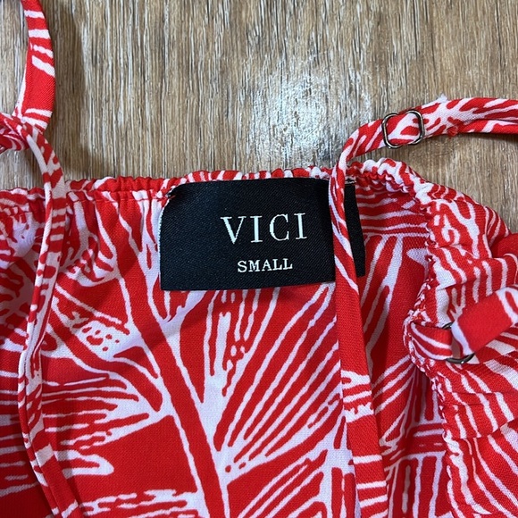 Vici Red White Palm Print Maxi Dress Sleeveless EUC Women's Small S Leg Slit - Picture 12 of 15